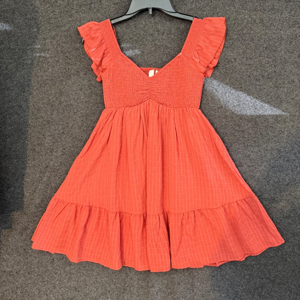 Women XS Mini Dress Coral Smocked Ruffle Tiered‎ coquette cottage Babydoll NEW